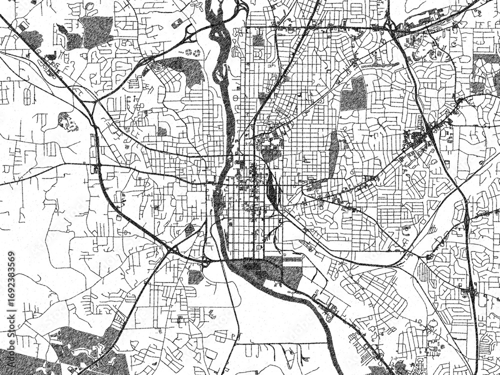 Naklejka premium Hand-drawn style black and white city map illustration of Columbus, Georgia, with detailed streets and shaded textures.