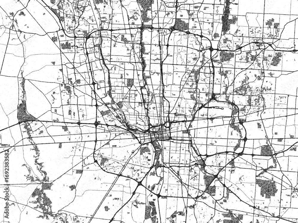Fototapeta premium Decorative map of Columbus, Ohio, in hand-drawn digital style, balancing urban detail with a monochrome look.