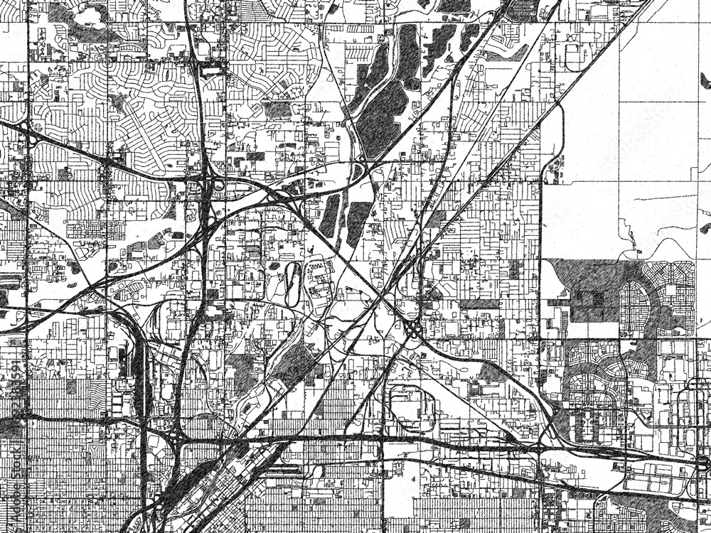 Obraz premium Monochrome sketch map of Commerce City, Colorado, highlighting roads, rivers, and urban design.