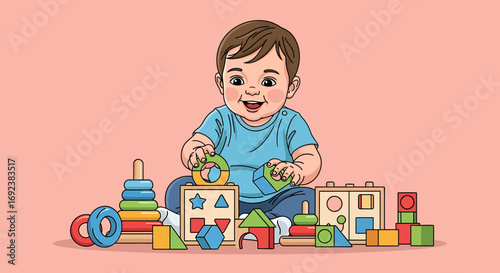 Happy cartoon baby boy sitting on the floor playing with colorful educational wooden toys. EPS Editable