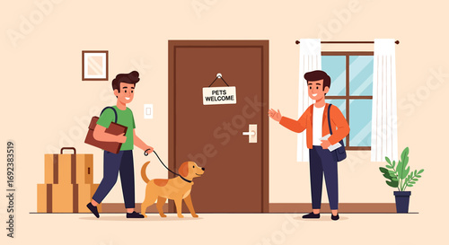 Host welcomes a guest with his dog and luggage to a petfriendly accommodation flat vector illustration. EPS Editable