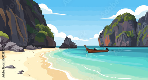 Idyllic tropical island landscape with a traditional longtail boat rocky cliffs and turquoise sea in a flat vector style. EPS Editable
