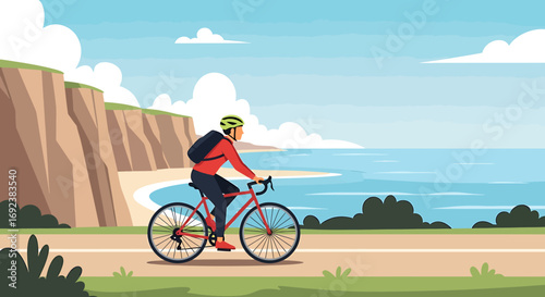 Illustrated cyclist in a red jersey and green helmet riding a red road bike with a backpack. EPS Editable