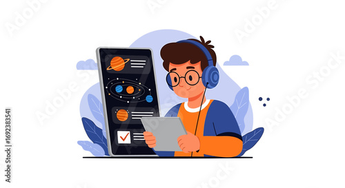 Illustrated boy with headphones and glasses engaged in elearning studying the solar system on a digital tablet. EPS Editable