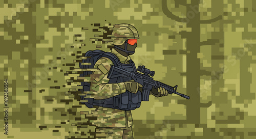 Illustrated soldier in digital camouflage and tactical gear dissolving into a pixelated glitch. EPS Editable