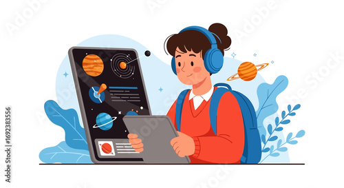 Illustrated student with blue headphones and backpack studying the solar system on a digital tablet. EPS Editable