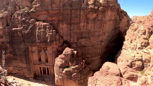 Aerial view of the famous area of The Treasure in Petra, Jordan, with the impressive temple carved into the rock.