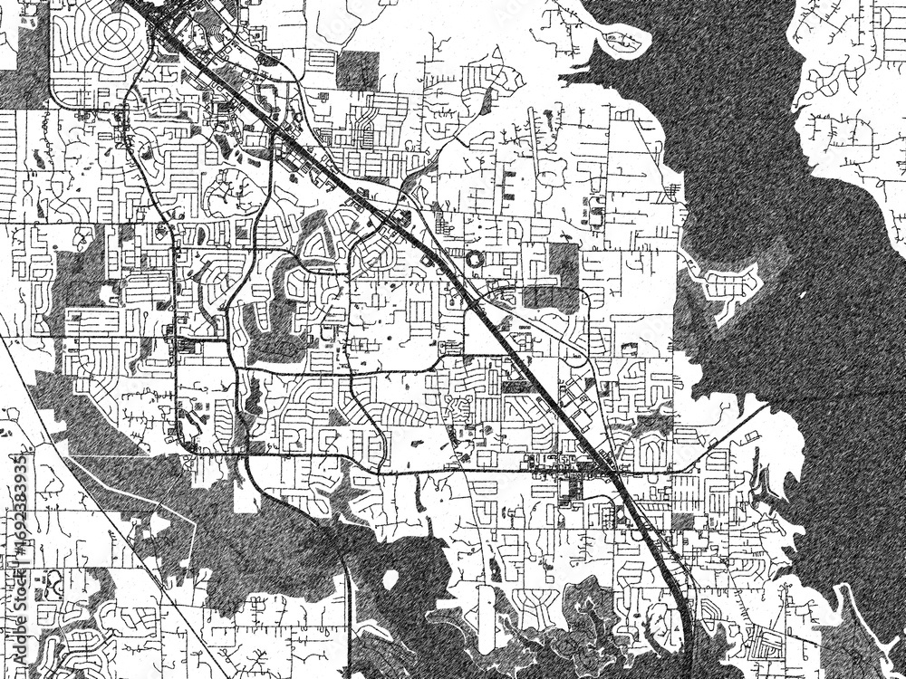 Naklejka premium Minimal city map illustration of Corinth, Texas, in hand-drawn style monochrome with strong gridlines and shaded areas.