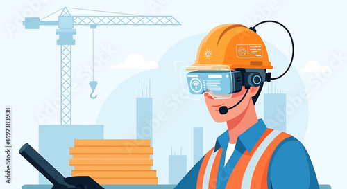 Male construction worker wearing an orange smart hard hat and augmented reality goggles with a holographic interface. EPS Editable