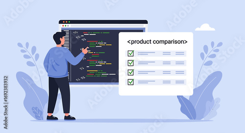 Male developer from behind pointing at code on a screen next to a product comparison checklist. EPS Editable