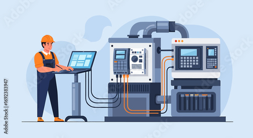 Male engineer in an orange hard hat operating a complex industrial CNC machine with a laptop. EPS Editable