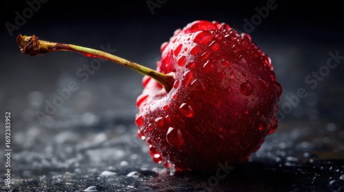 Close-up of a cherry with water droplets, showcasing its vibrant color and natural beauty against a dark background.
