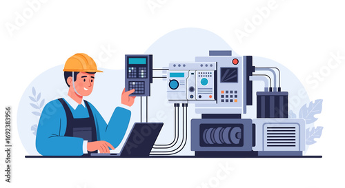 Male engineer in a yellow hard hat operating a complex industrial CNC machine with a laptop and control panel. EPS Editable