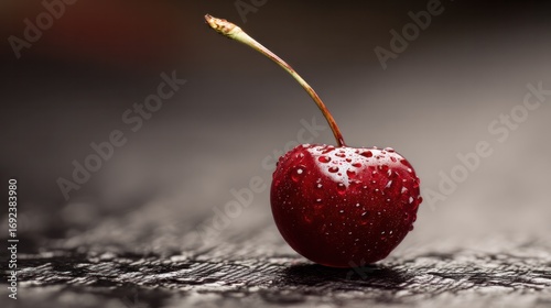 Ripe cherry with glistening water droplets on a dark surface, emphasizing its fresh and juicy appeal.