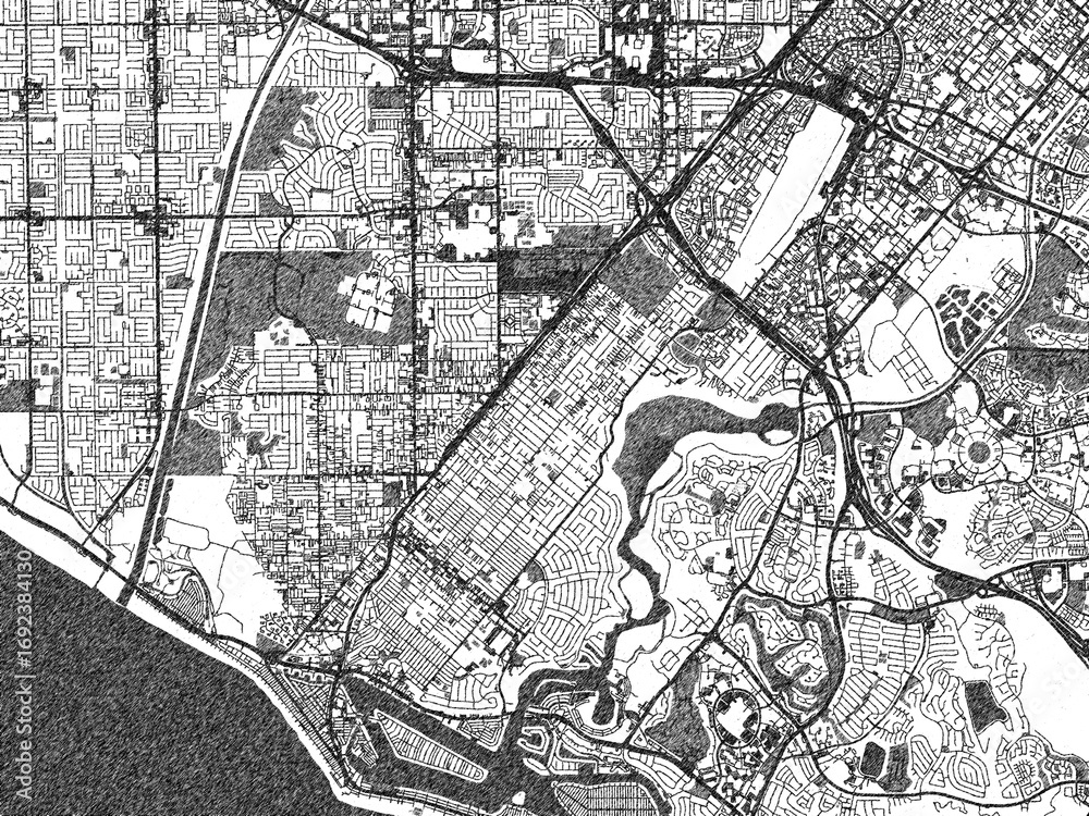 Naklejka premium Artistic city map of Costa Mesa, California, created in hand-drawn black and white for editorial or decorative projects.
