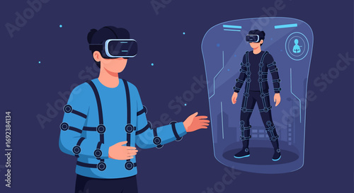 Man in a VR headset and sensor suit interacts with his fullbody digital avatar in a futuristic metaverse simulation. EPS Editable