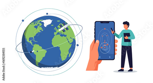 Man tracking global satellite orbits around Earth with a futuristic smartphone application. EPS Editable