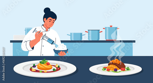 Modern female chef with a syringe preparing gourmet food in a professional kitchen illustration. EPS Editable