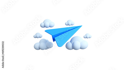 Abstract 3D graphics of many origami paper airplane symbols flying through a blue sky with clouds on a white background