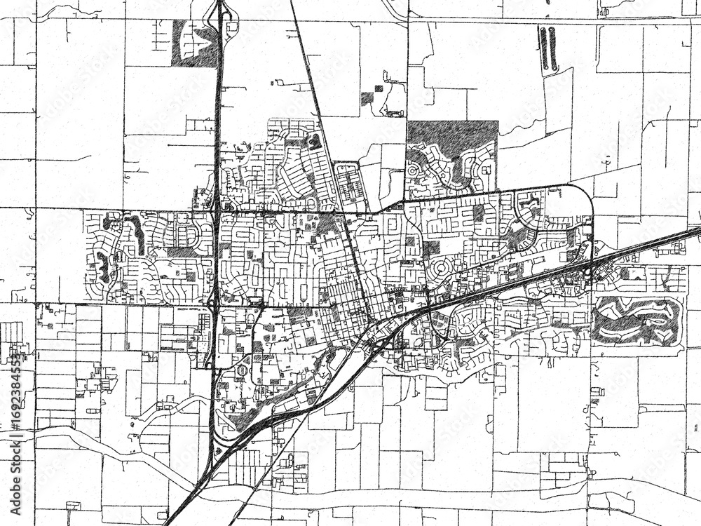 Fototapeta premium Stylized monochrome city map of Davis, California, created in a hand-drawn digital style with bold lines and shaded textures.