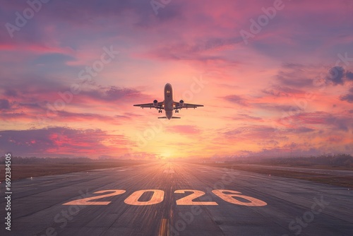 Airplane taking off over a runway with the year 2026 painted on it, during a vibrant sunset