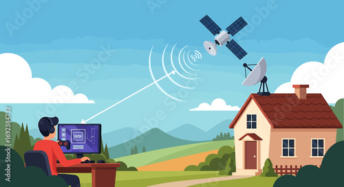 Satellite internet concept showing data transmission from space to a computer in a rural home. EPS Editable