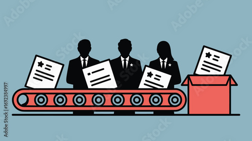 Three silhouettes in suits oversee papers on a conveyor belt leading to a box of documents