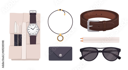 Stylish flat lay collection of personal accessories leather watch brown belt sunglasses wallet and necklace. EPS Editable
