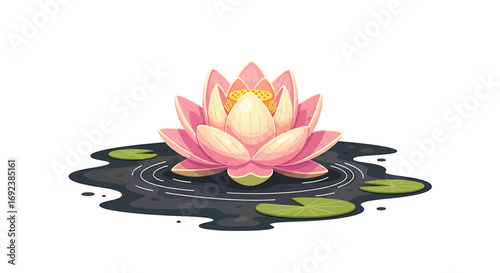Stylized pink lotus flower with a yellow seed pod blooming in dark rippling water. EPS Editable