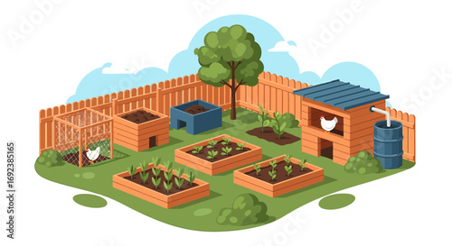 Sustainable backyard homestead illustration with a chicken coop raised garden beds compost bin and a rain barrel. EPS Editable