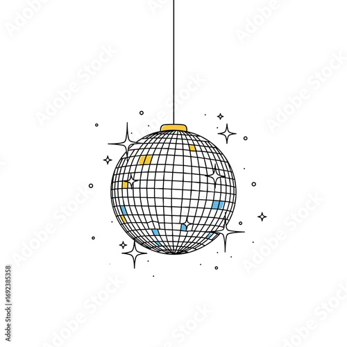 A retro disco ball adorned with sparkling starbursts and subtle colored accents reflecting light