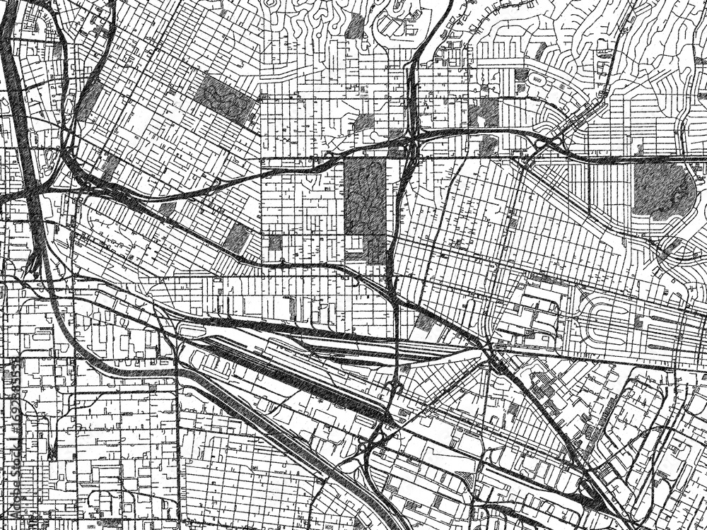 Naklejka premium Minimal city map illustration of East Los Angeles, California, in hand-drawn style monochrome with strong gridlines and shaded areas.