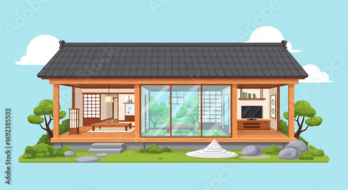 Traditional Japanese house illustration with an open interior wooden porch and tiled roof. EPS Editable