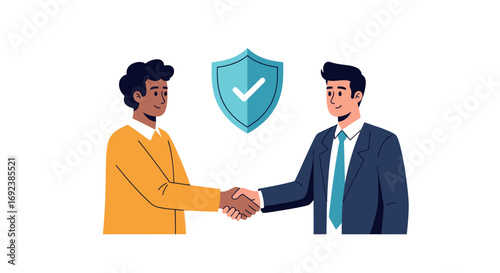 Two diverse businessmen shaking hands under a security shield icon symbolizing a trusted partnership and a secure agreement. EPS Editable