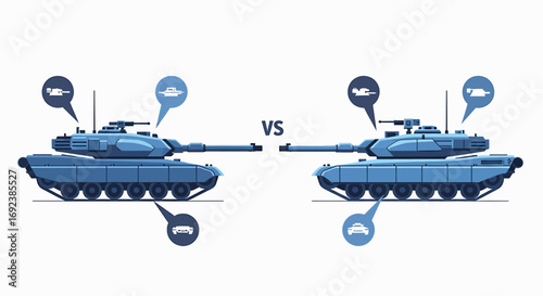 Two stylized blue military tanks in a versus comparison with infographic callouts. EPS Editable