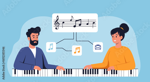 Vector illustration of a man and woman playing piano sharing musical notes and ideas digitally. EPS Editable