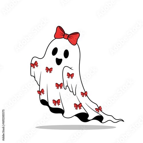 A cute little ghost adorned with many tiny red bows floating happily with a big smile