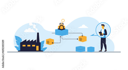 Vector illustration of a supply chain management flowchart from factory to distribution overseen by a manager. EPS Editable