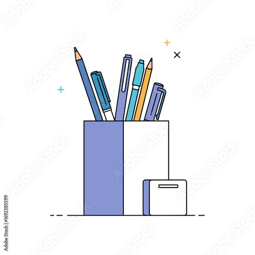 A collection of writing instruments including pencils and pens organized in a desk container