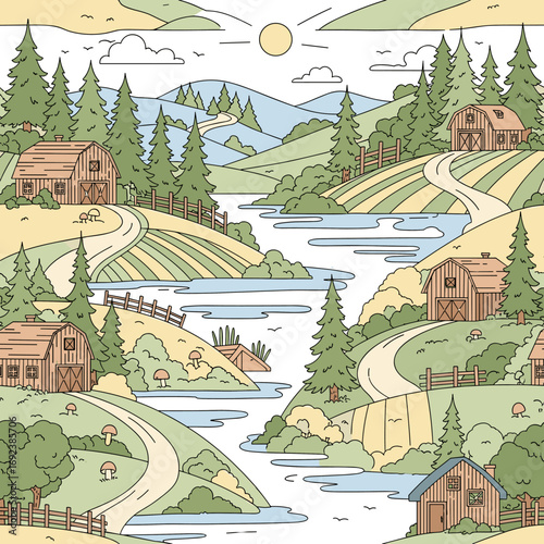 A quaint rural landscape with winding roads flowing rivers and charming barns amidst rolling hills and green forests