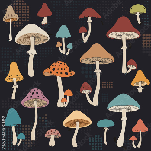 A whimsical collection of enchanting mushrooms in various colors and shapes adorning a dark background