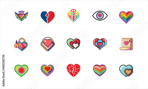 Collection of colorful heart icons and symbols isolated on white background