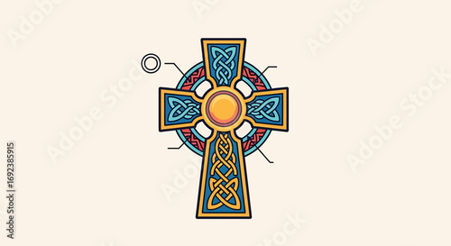 Vibrant Celtic Cross with Intricate Blue and Yellow Knotwork and a Central Orb. EPS Editable