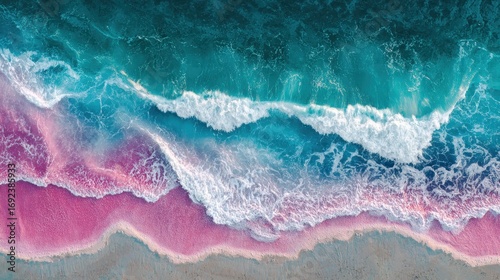 Aerial View of Pink Sand Beach with Crashing Waves.