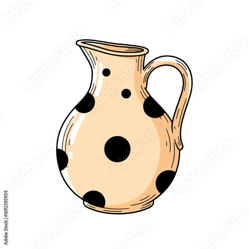 A charming beige ceramic jug adorned with large black polka dots is a delightful kitchen accessory for serving beverages or holding flowers