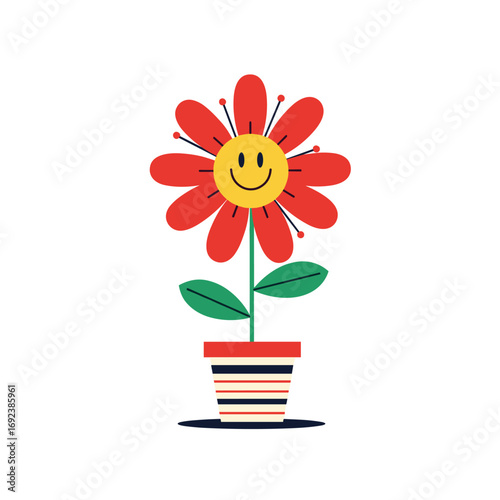A cheerful cartoon flower with a smiling face in a striped pot bringing joy and happiness