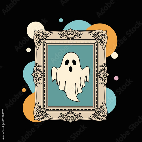 Spooky ghost portrait in ornate frame floating amongst abstract shapes and bubbles