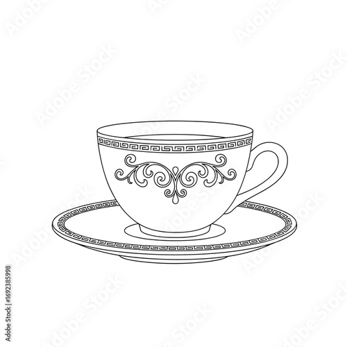 Ornate porcelain teacup and saucer with intricate scrollwork design and decorative rimmed edge detail