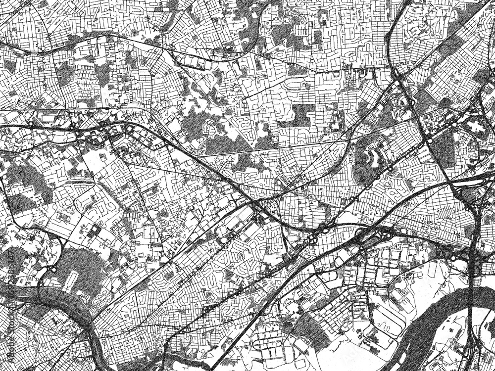 Naklejka premium Stylized monochrome city map of Edison New, Jersey, created in a hand-drawn digital style with bold lines and shaded textures.
