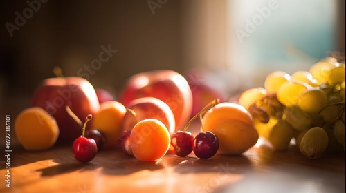 Vibrant arrangement of fresh fruits on a wooden table, showcasing natural beauty and freshness.